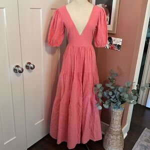 Seven Wonders Asha coral pink Puff sleeves open back pockets S maxi vneck dress